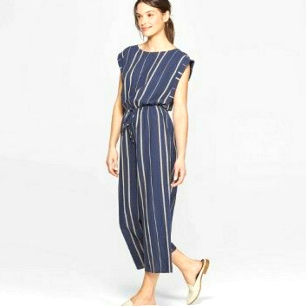 Universal Thread Drawstring Navy Stripe Jumpsuit … - image 1